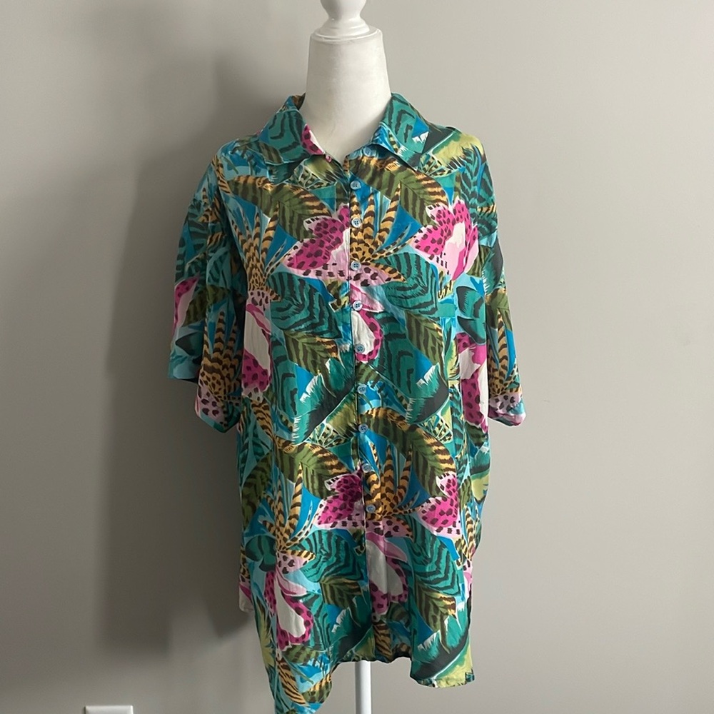Vintagege Tropical Print Silk Shirt